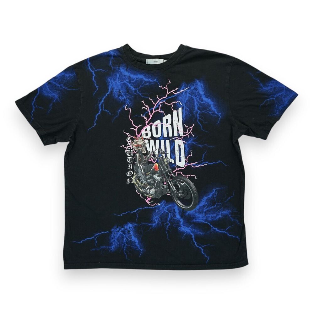 Adika Black Men's T Shirt Size XS "Born Wild" Short Sleeve Biker, Skull, Thunder